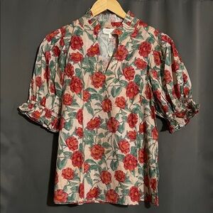 Entro Red Floral Blouse with Puff Sleeves